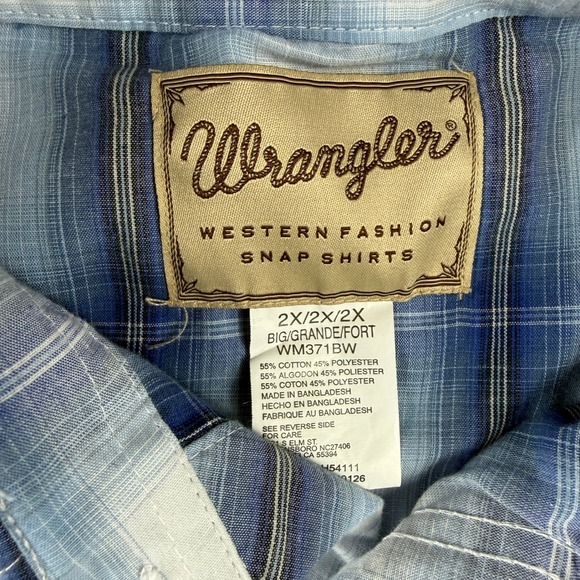 Wrangler Western Fashion Snap Shirt Plaid Blue White Men 2X Big Grande Fort - Picture 7 of 8